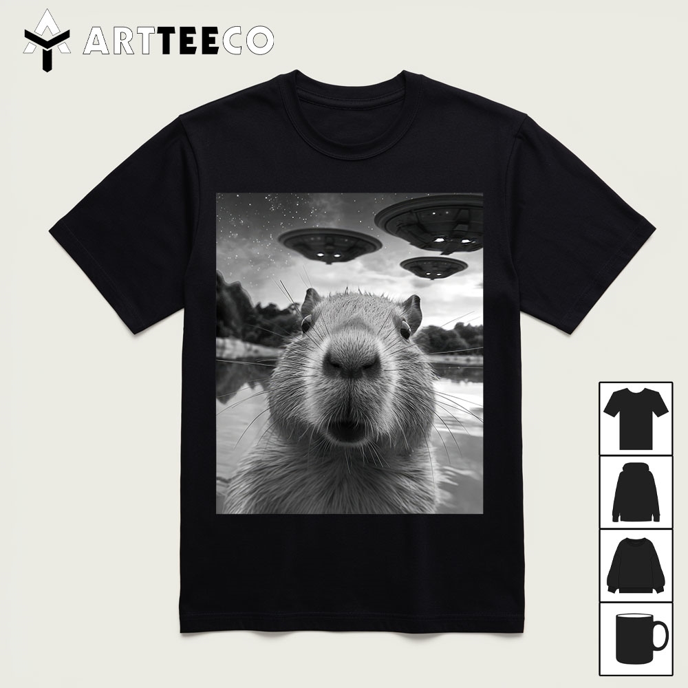 Funny Capybara Selfie with UFOs Weird T Shirt1