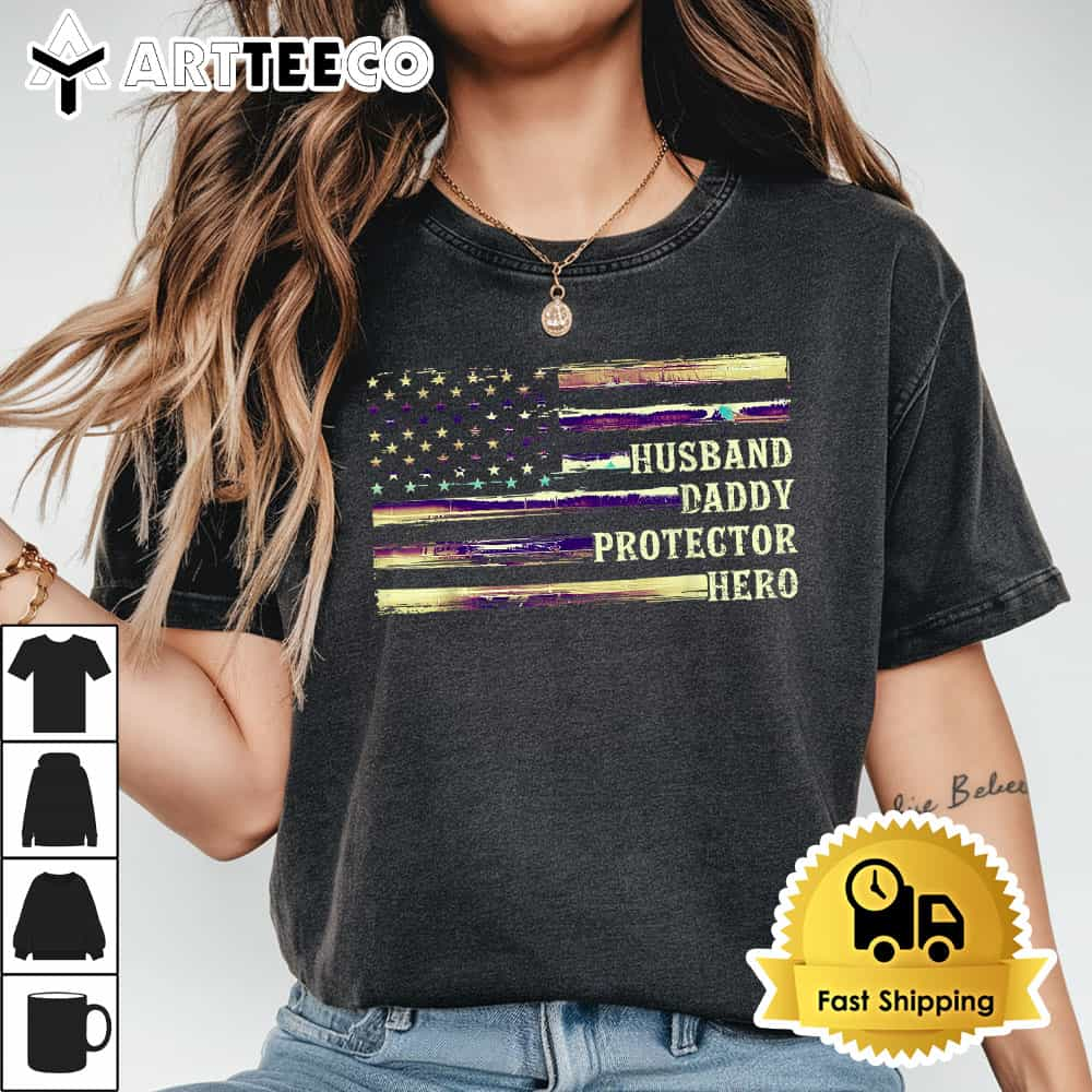 Husband Daddy Protector Hero Fathers Day Dad Papa Grandpa T Shirt1