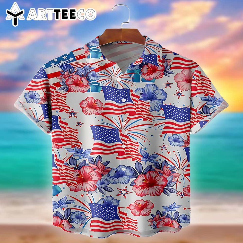 American Flag Flower Casual Mens Trendy Hawaiian Shirt 4th Of July Trendy Hawaiian Shirt