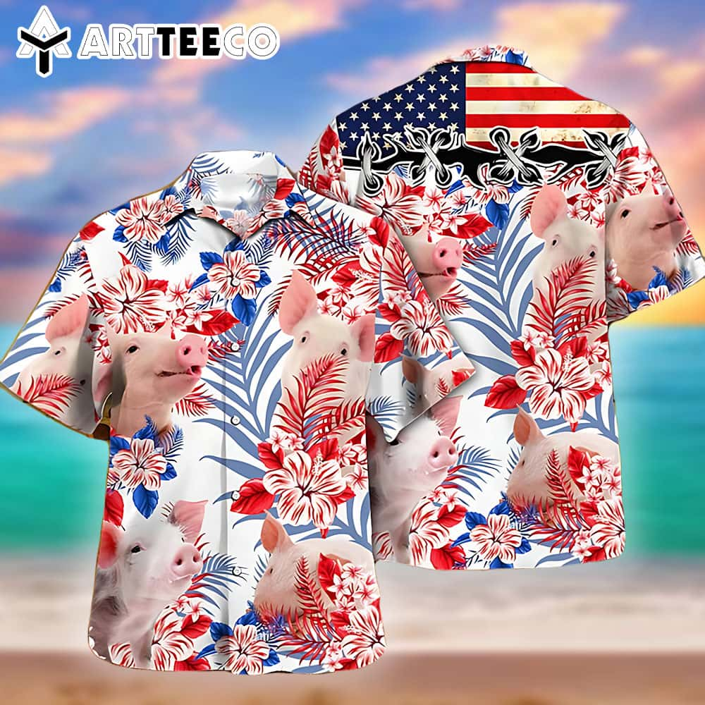 American Flag Trendy Hawaiian Shirt Pig Vintage American Hawaii Shirt Independence Day Shirt Patriotic Hawaii