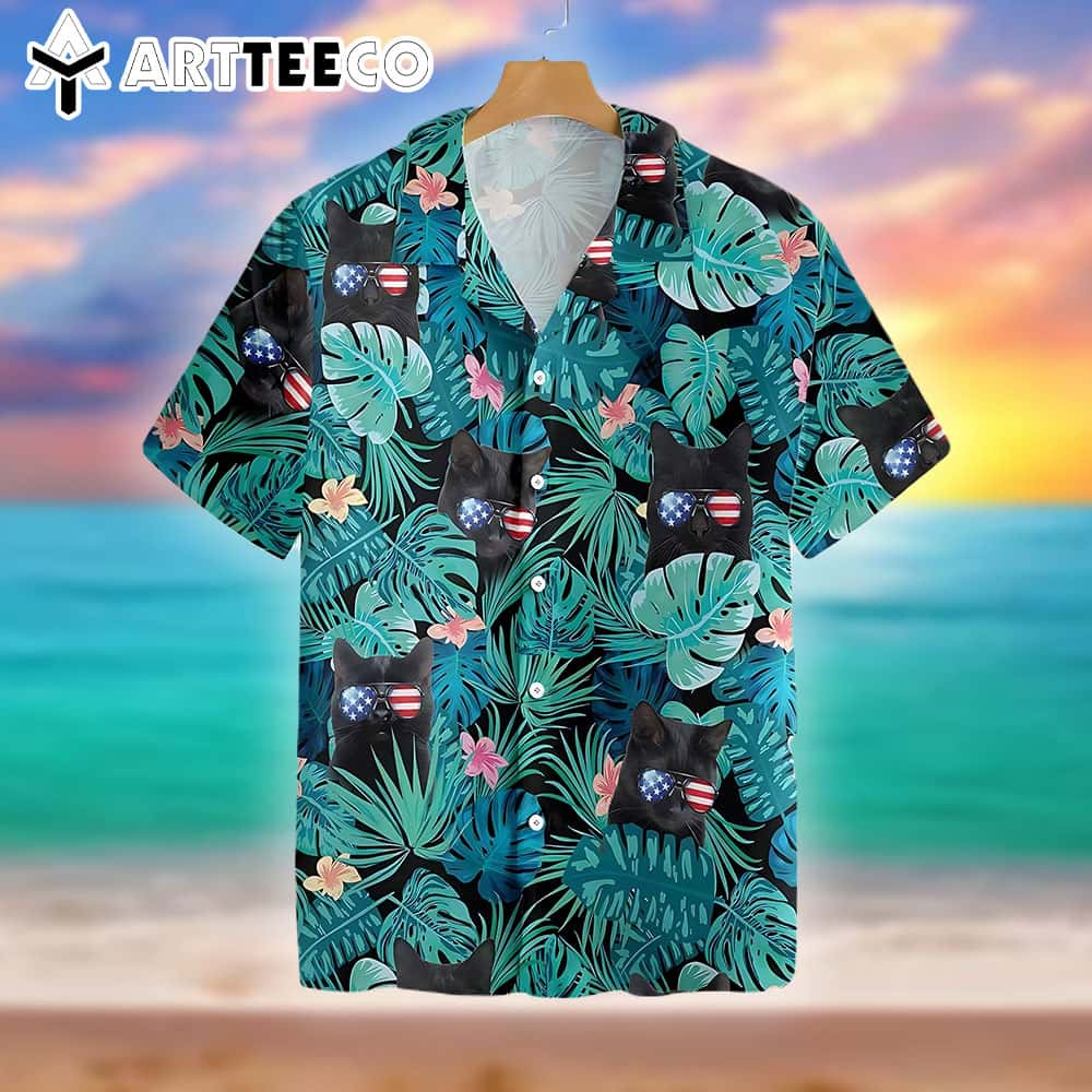 Black Cat Tropical 4th Of July Trendy Hawaiian Shirt Tropical Flower Trendy Hawaiian Shirt Summer Vacation