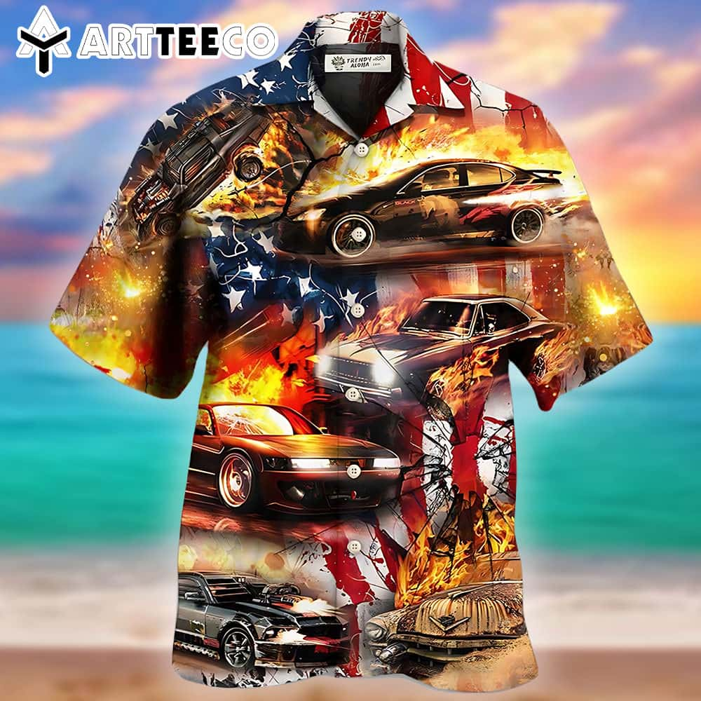 Car Retro Independence Day Fire Hawaiian Shirt