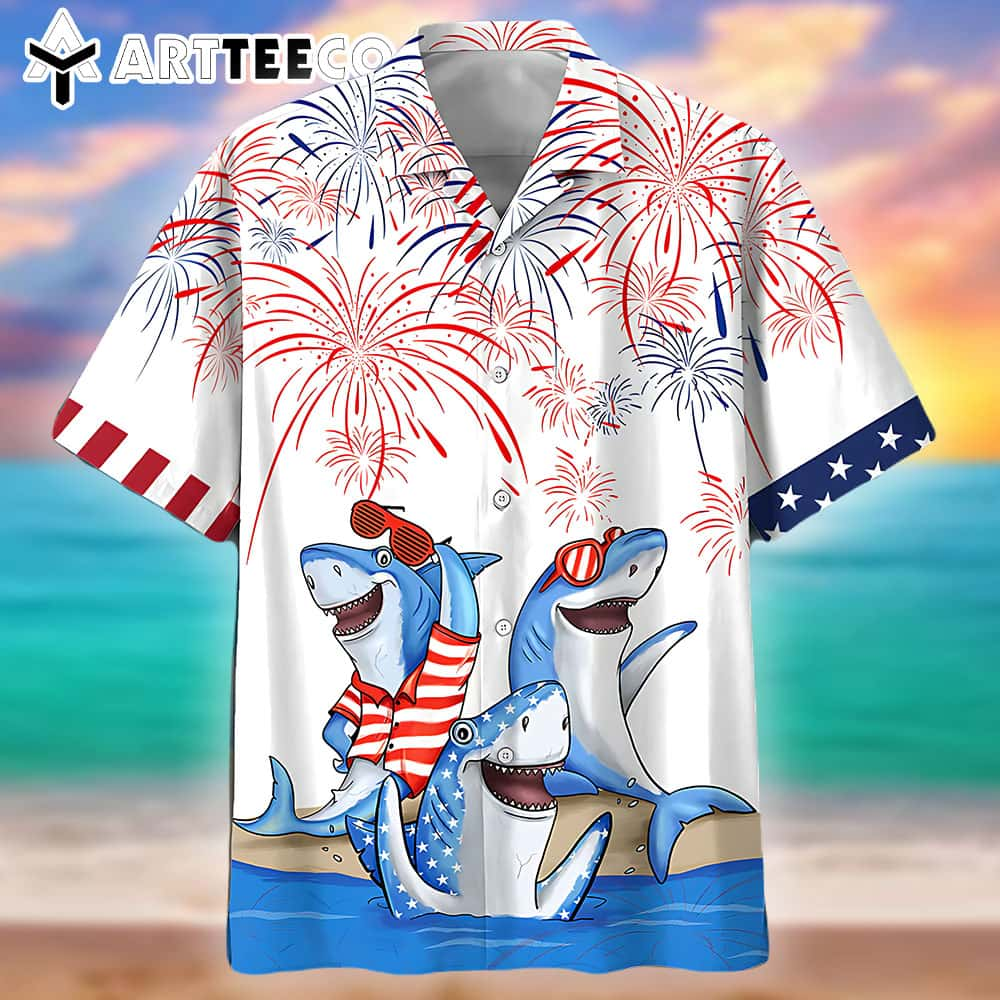 Mens 4th Of July Shark Trendy Hawaiian Shirt Independence Day Trendy Hawaiian Shirt Usa Patriotic Trendy Hawaiian Shirt