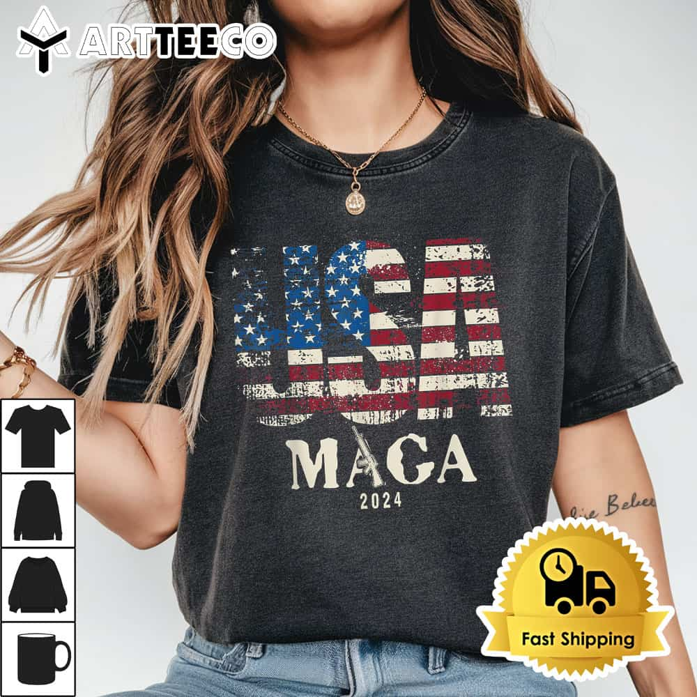 Vintage USA Flag Ultra Maga Gun USA 4th Of July Trump 2024 T Shirt1