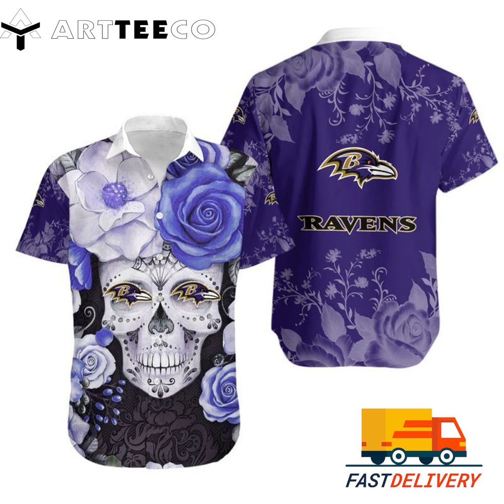 NFL Baltimore Ravens Hawaiian Shirt Skulls Flower Gift For Fans Football Lover