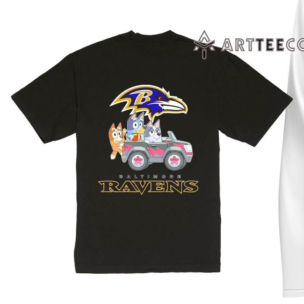 NFL The Bluey Characters Driving Car Baltimore Ravens Shirt Gift For Football Fans 1