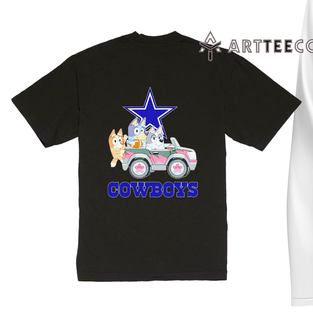 NFL The Bluey Characters Driving Car Dallas Cowboys Shirt Gift For Football Fans 1