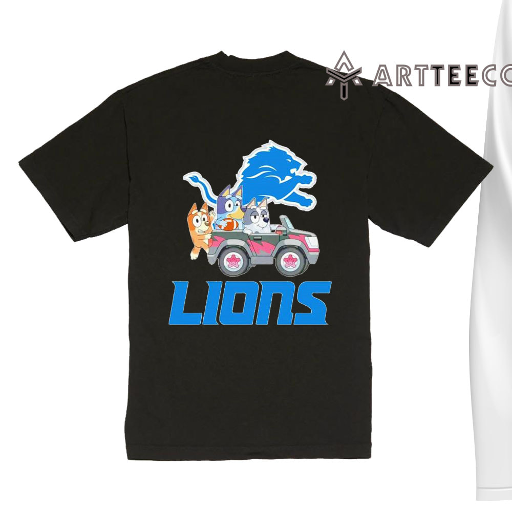 NFL The Bluey Characters Driving Car Detroit Lions Shirt Gift For Football Fans 1