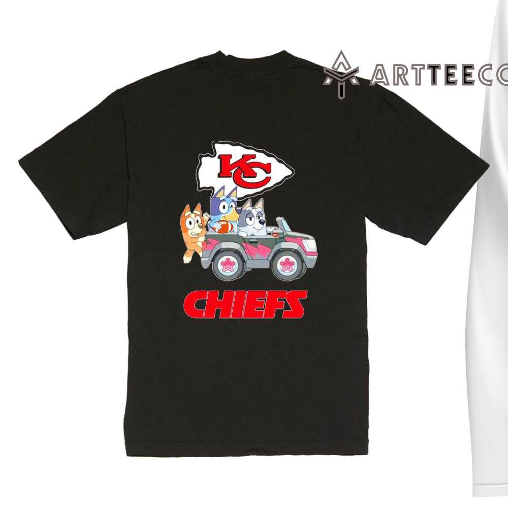 NFL The Bluey Characters Driving Car Kansas City Chiefs Shirt Gift For Football Fans 1