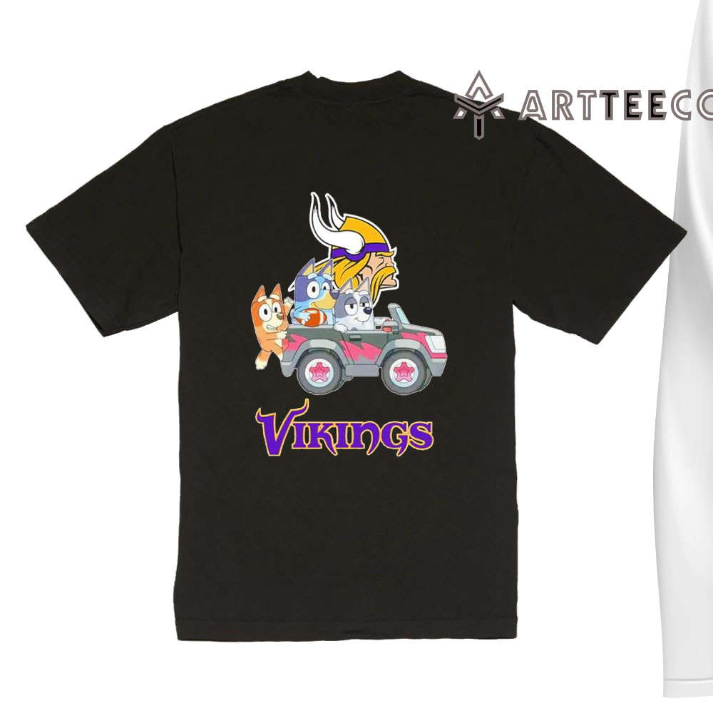 NFL The Bluey Characters Driving Car Minnesota Vikings Shirt Gift For Football Fans 1