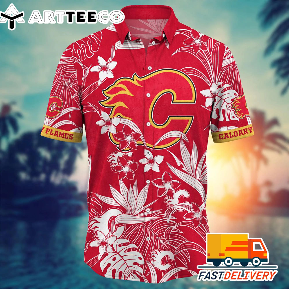 NHL Calgary Flames Hawaiian Shirt Tropical Flower Gift For Fans Football Lover