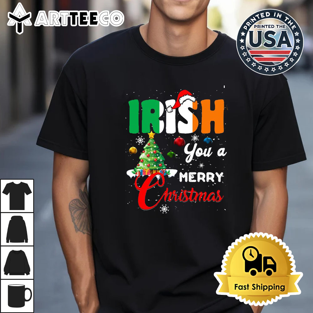 Irish You A Merry Christmas Santa Irish Flag Christmas Tree Retro T Shirt 1