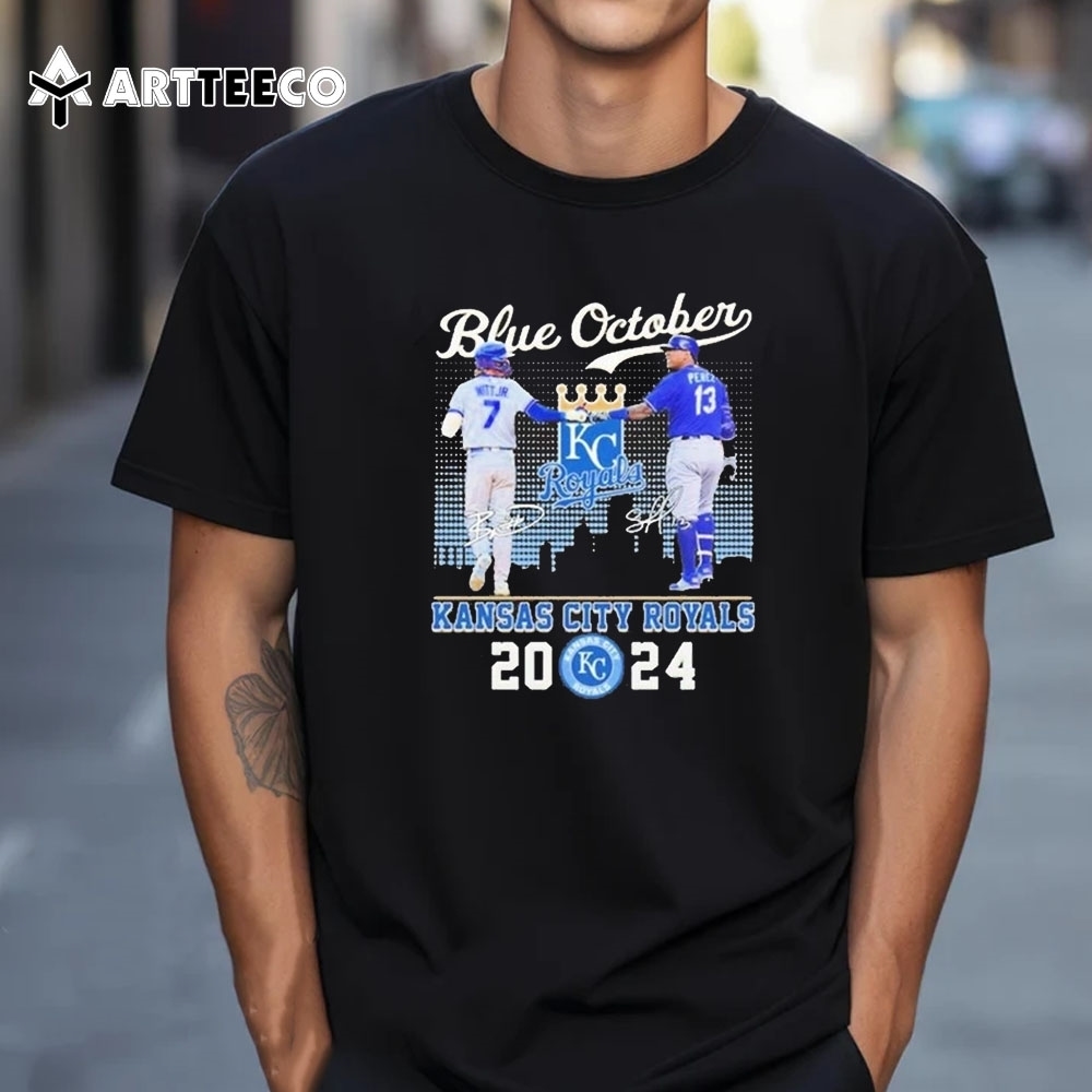 Kansas City Royals Blue October 7 Witt Jr And 13 Perez 2024 T Shirt