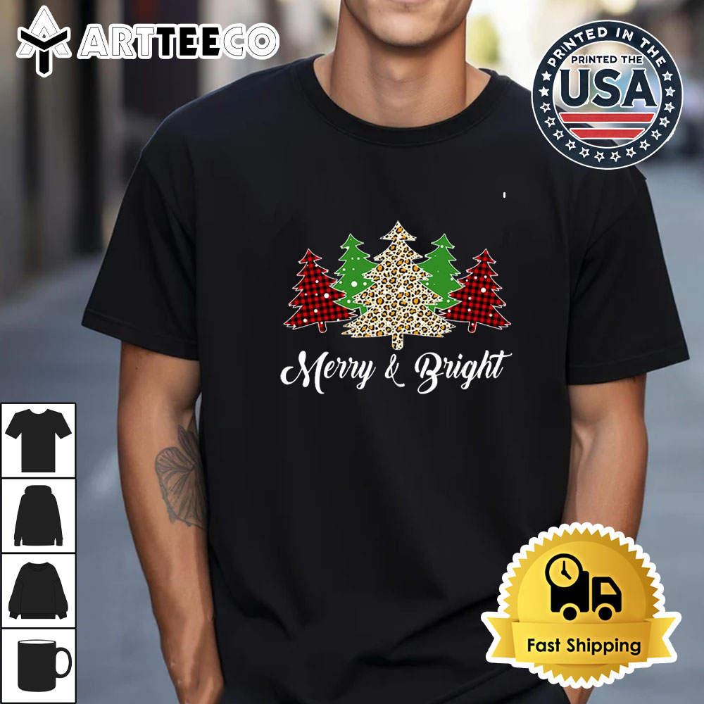 Merry And Bright Women Funny Leopard Plaid Christmas Trees Retro T Shirt 1