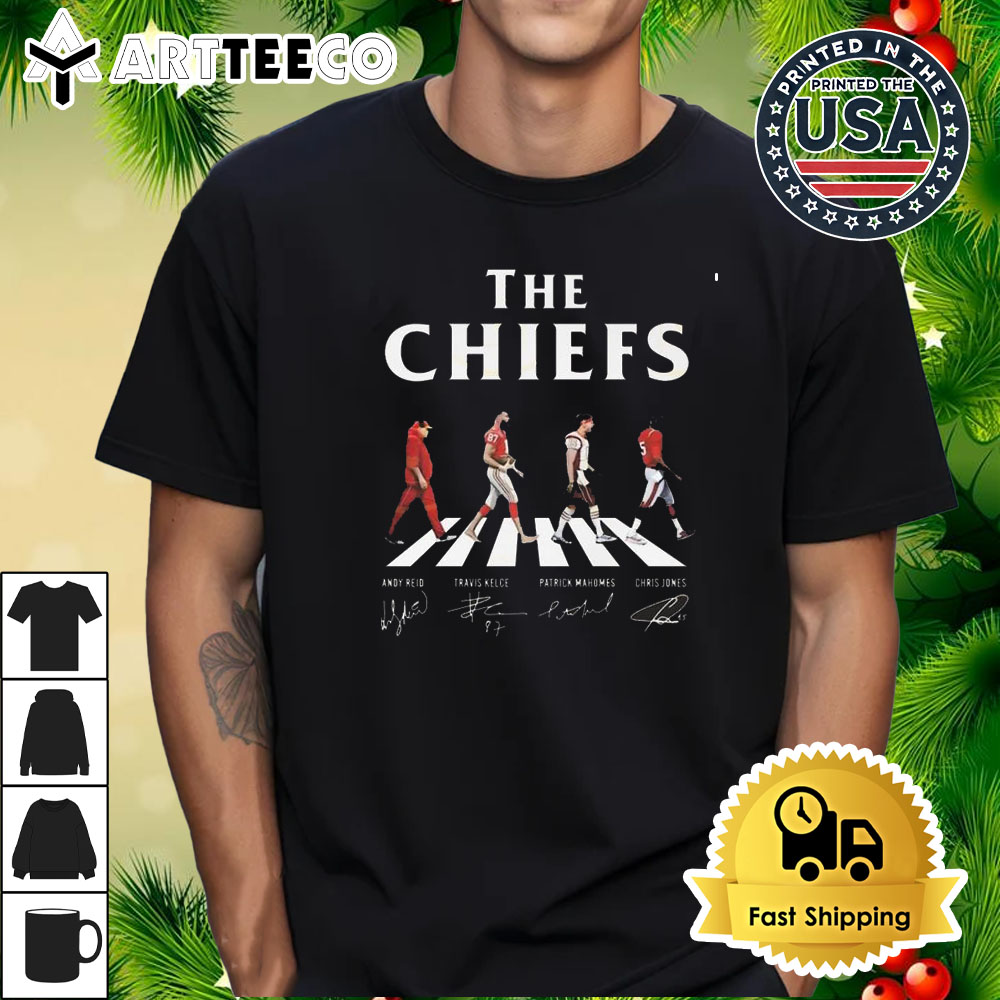 NFL The Kansas City Chiefs Andy Reid Travis Kelce Patrick Mahomes Chris Jones Walking Signatures T Shirt 1