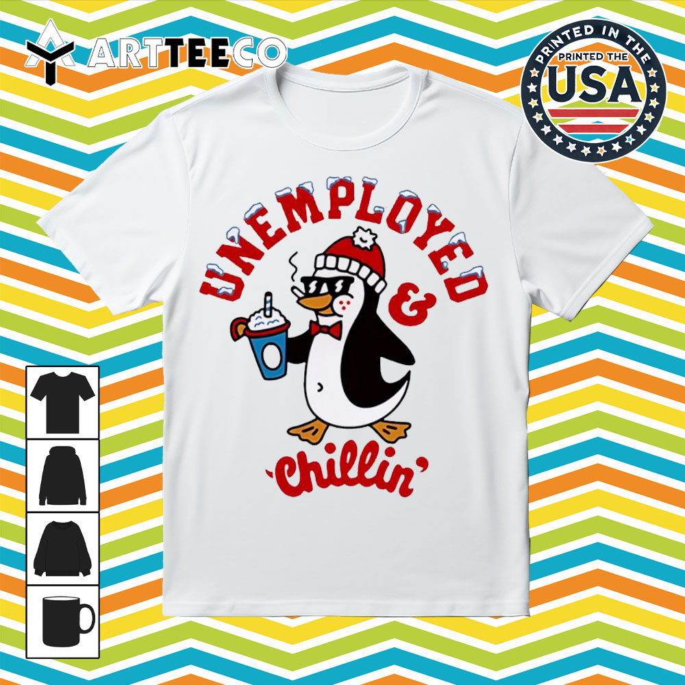 Unemployed And Chillin' Penguin Christmas Retro T Shirt 1