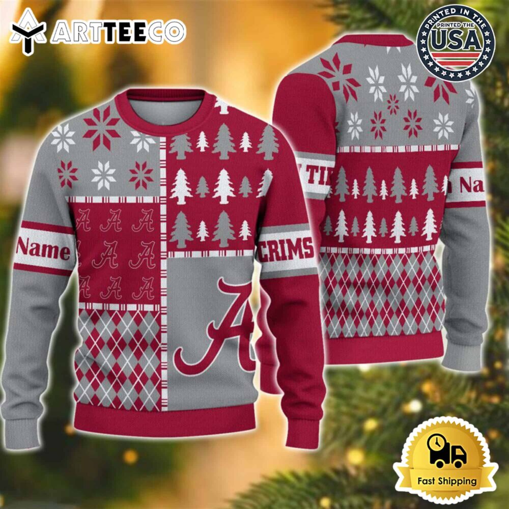 Alabama Crimson Tide Football Team Xmas Tree Snow Custom Name Ugly Christmas Sweater NCAA Football Gifts