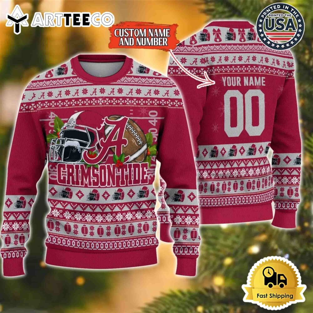 Alabama Crimson Tide Logo Team Football Custom Name And Number Christmas Ugly Sweater