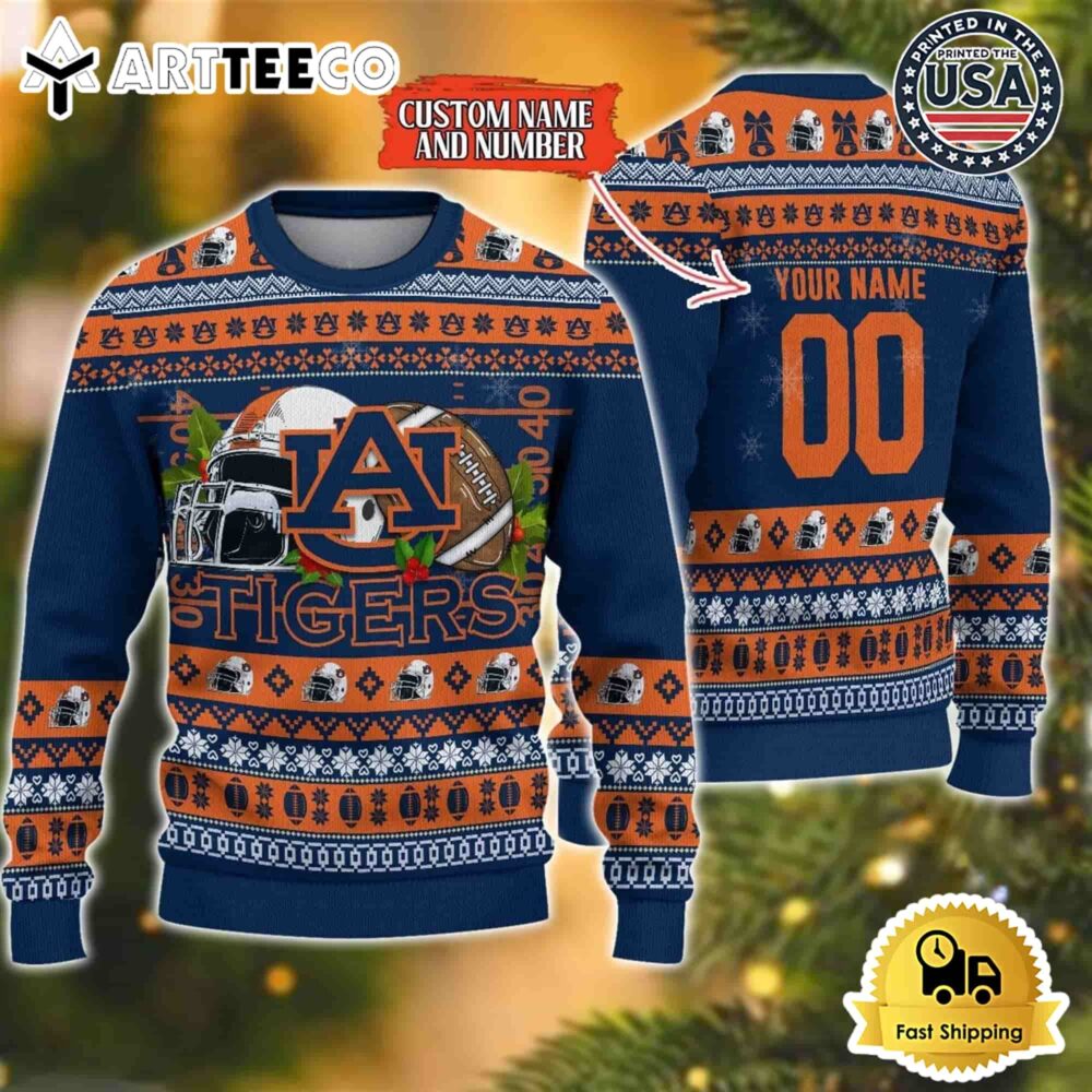 Auburn Tigers Logo Team Football Custom Name And Number Christmas Ugly Sweater