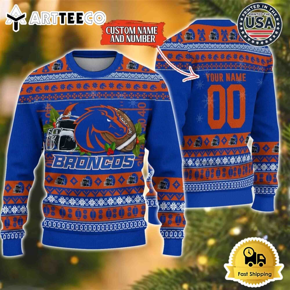 Boise State Broncos Logo Team Football Custom Name And Number Christmas Ugly Sweater