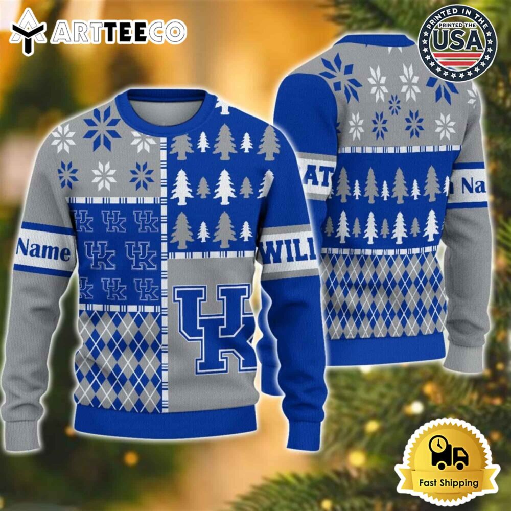 Kentucky Wildcats Football Team Xmas Tree Snow Custom Name Ugly Christmas Sweater NCAA Football Gifts