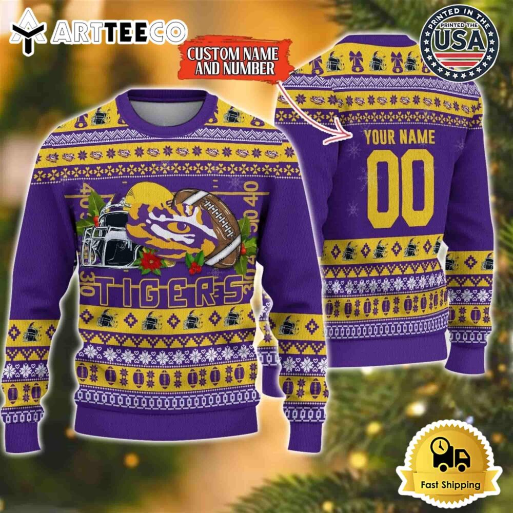 LSU Tigers Logo Team Football Custom Name And Number Christmas Ugly Sweater