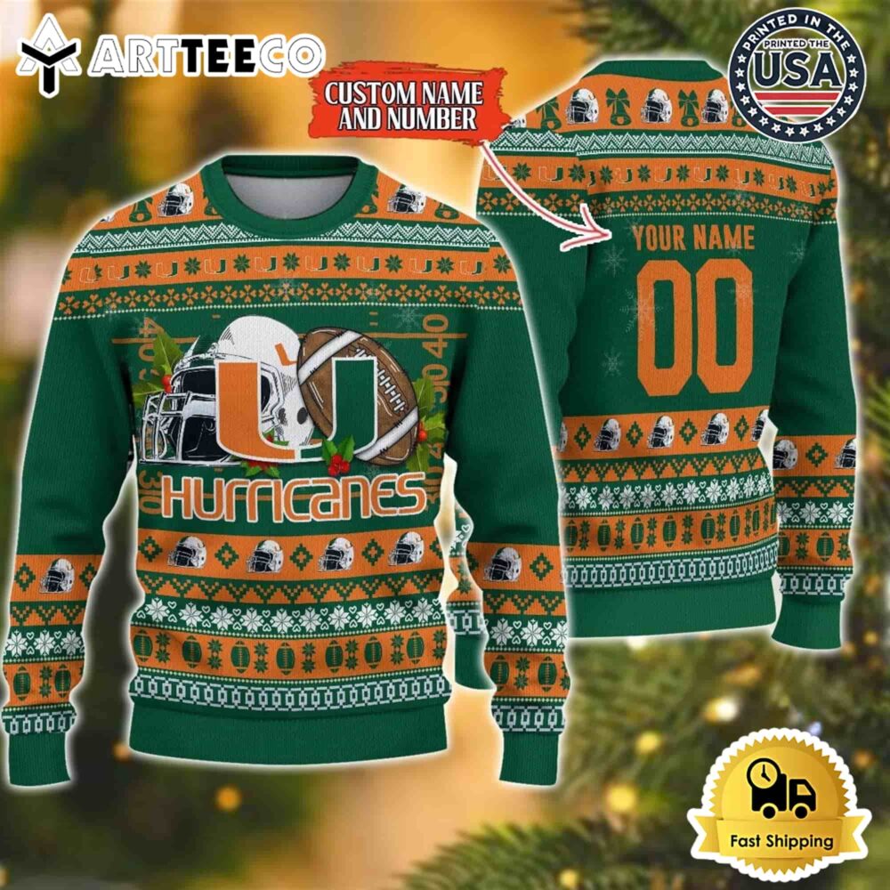 Miami Hurricanes Logo Team Football Custom Name And Number Christmas Ugly Sweater