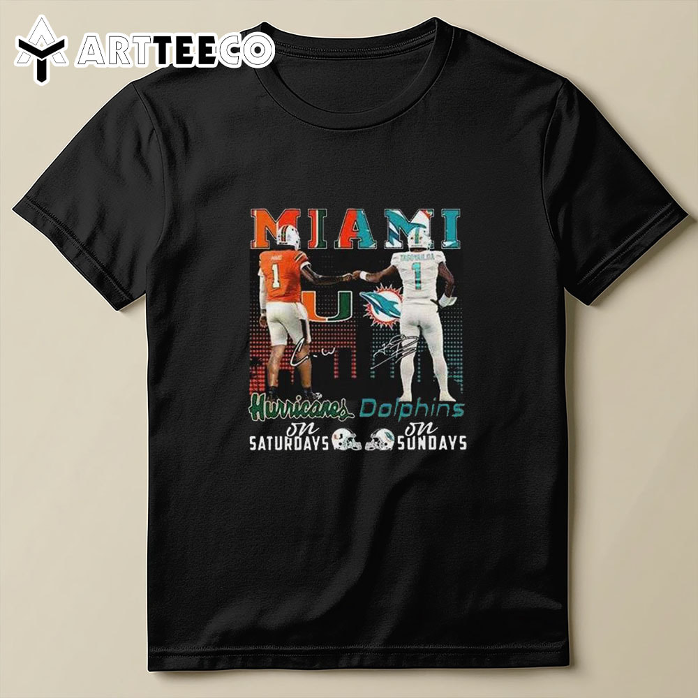 Miami Hurricanes On Saturdays Dolphins On Sundays Signatures T Shirt