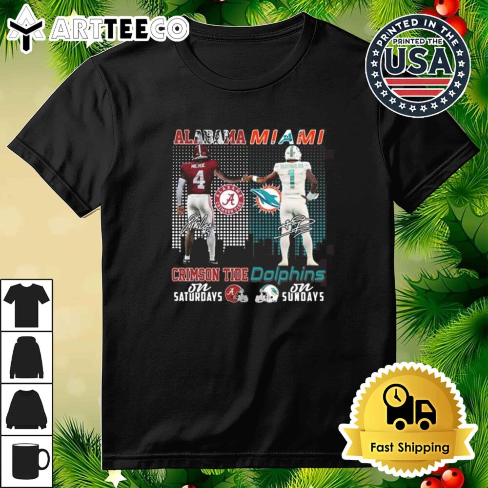 Milroe Alabama Crimson Tide On Saturdays x Tagovailoa Miami Dolphins On Sundays Signatures 2024 Retro T Shirt 3