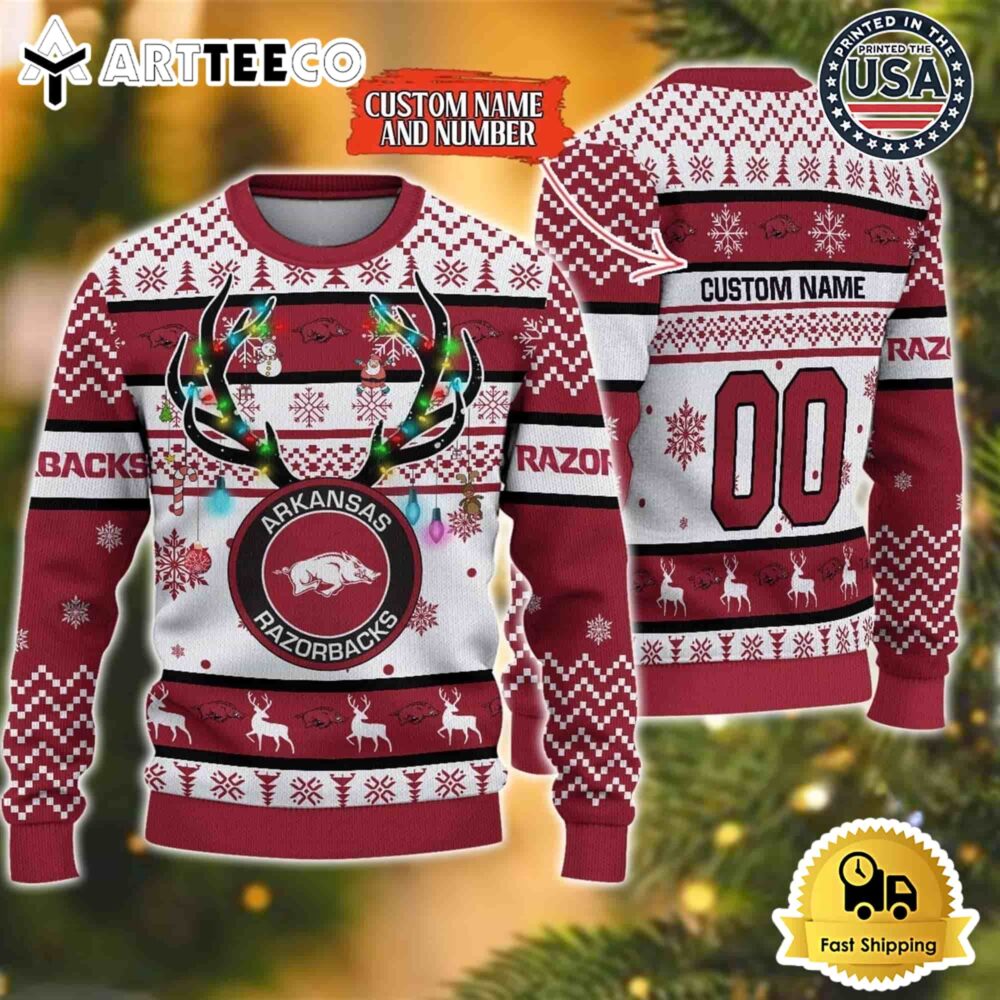 NCAA Arkansas Razorbacks Special Reindeer Light Custom Name And Number Ugly Christmas Sweater