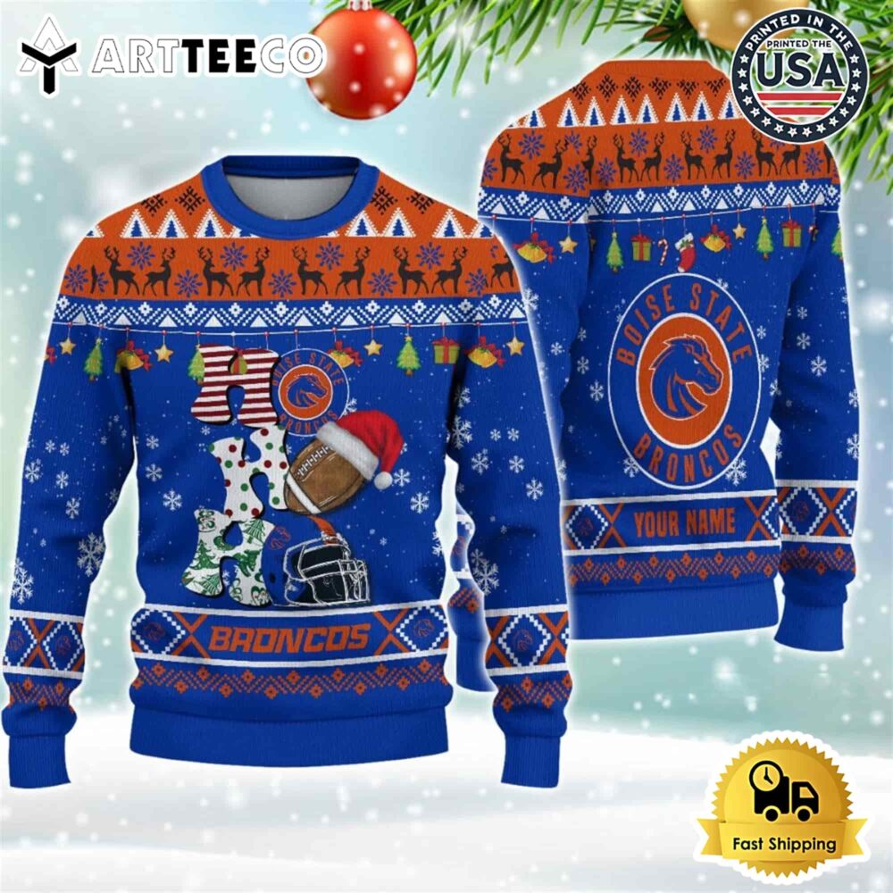 NCAA Boise State Broncos Football HO HO HO Custom Name Ugly Christmas Sweater