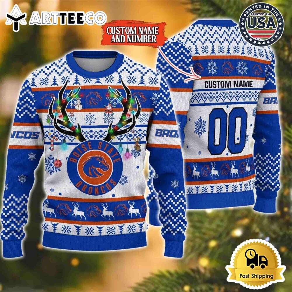 NCAA Boise State Broncos Special Reindeer Light Custom Name And Number Ugly Christmas Sweater