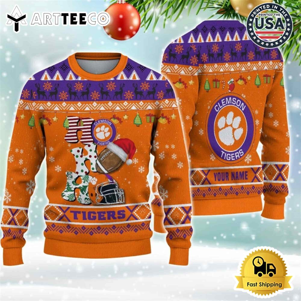 NCAA Clemson Tigers Football HO HO HO Custom Name Ugly Christmas Sweater