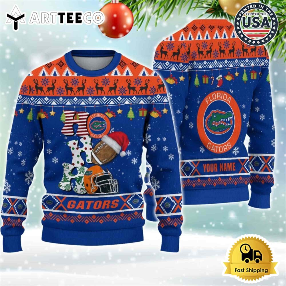 NCAA Florida Gators Football HO HO HO Custom Name Ugly Christmas Sweater