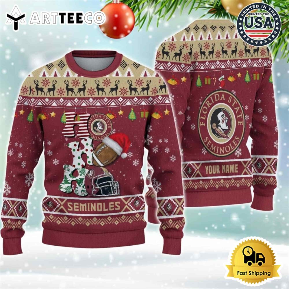 NCAA Florida State Seminoles Football HO HO HO Custom Name Ugly Christmas Sweater