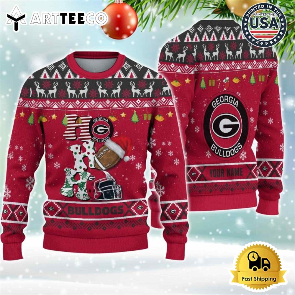 NCAA Georgia Bulldogs Football HO HO HO Custom Name Ugly Christmas Sweater