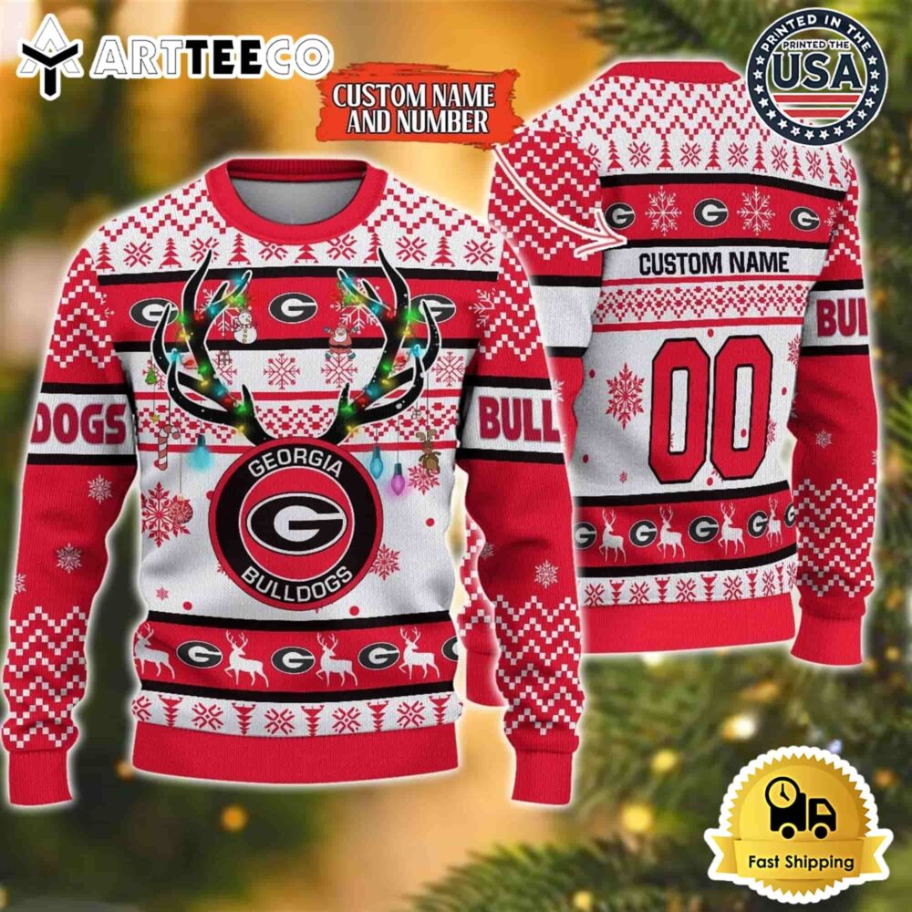 NCAA Georgia Bulldogs Special Reindeer Light Custom Name And Number Ugly Christmas Sweater