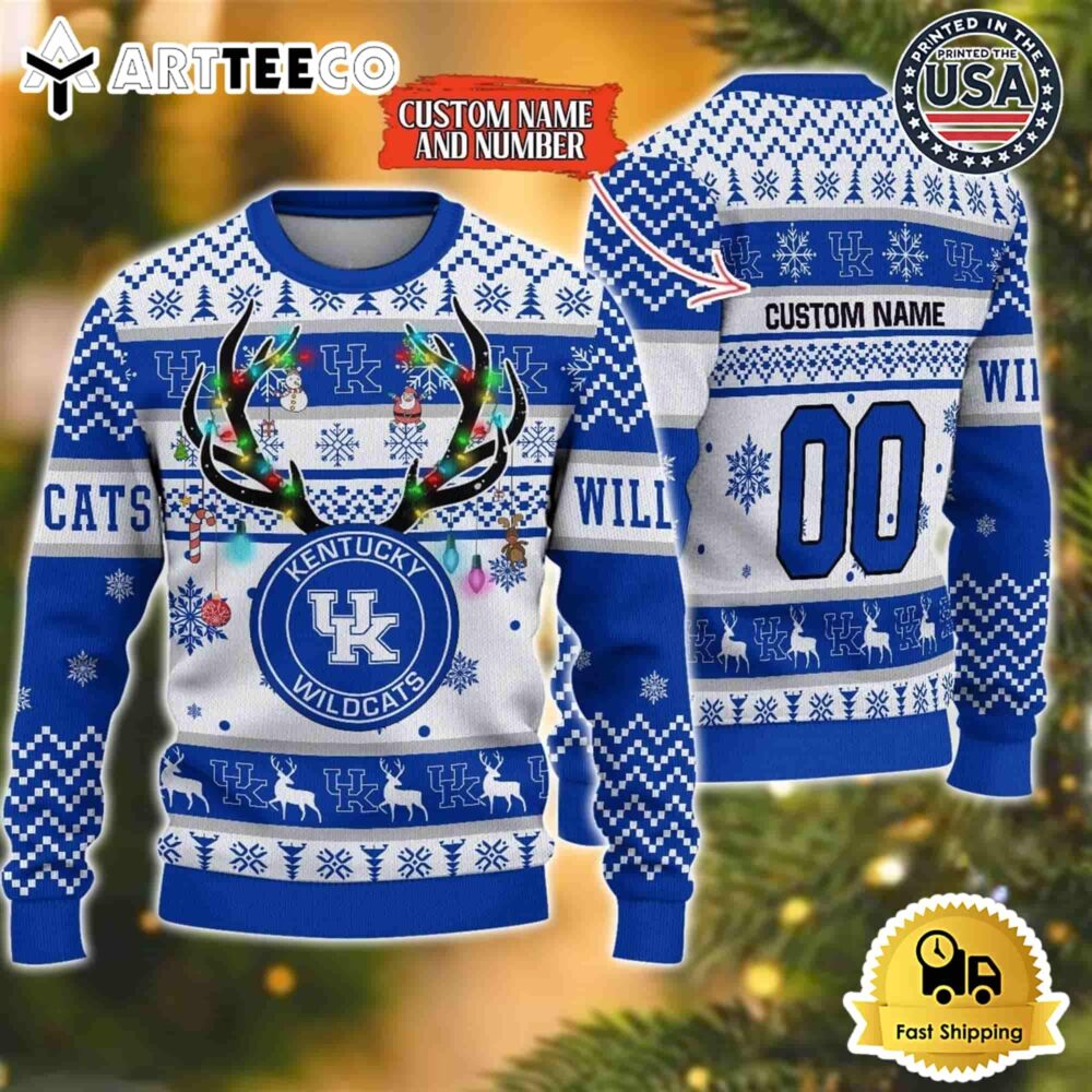 NCAA Kentucky Wildcats Special Reindeer Light Custom Name And Number Ugly Christmas Sweater