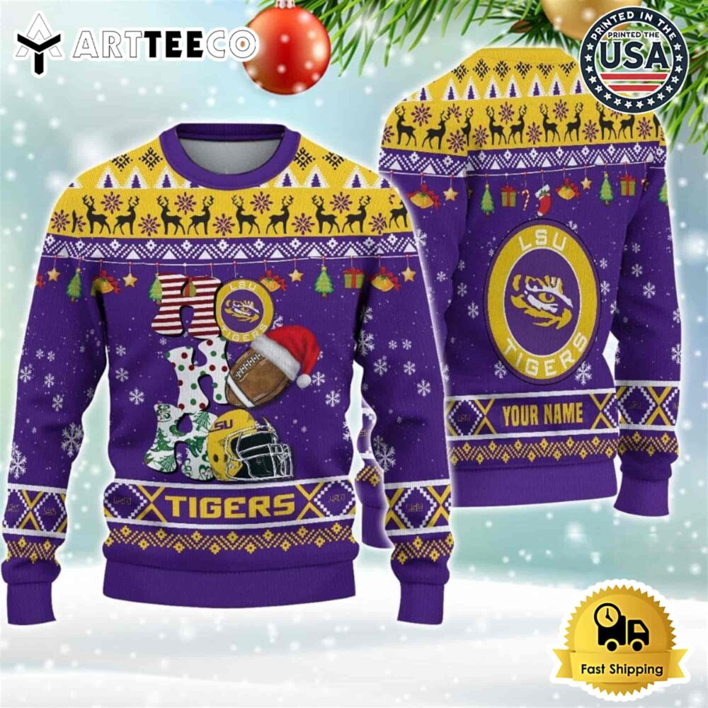 NCAA LSU Tigers Football HO HO HO Custom Name Ugly Christmas Sweater