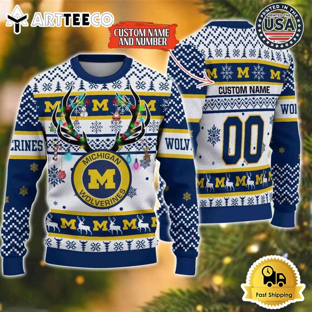 NCAA Michigan Wolverines Special Reindeer Light Custom Name And Number Ugly Christmas Sweater