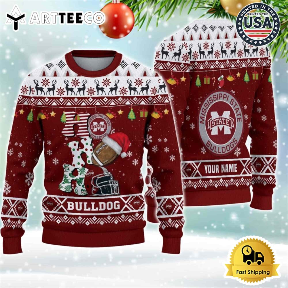 NCAA Mississippi State Bulldogs Football HO HO HO Custom Name Ugly Christmas Sweater