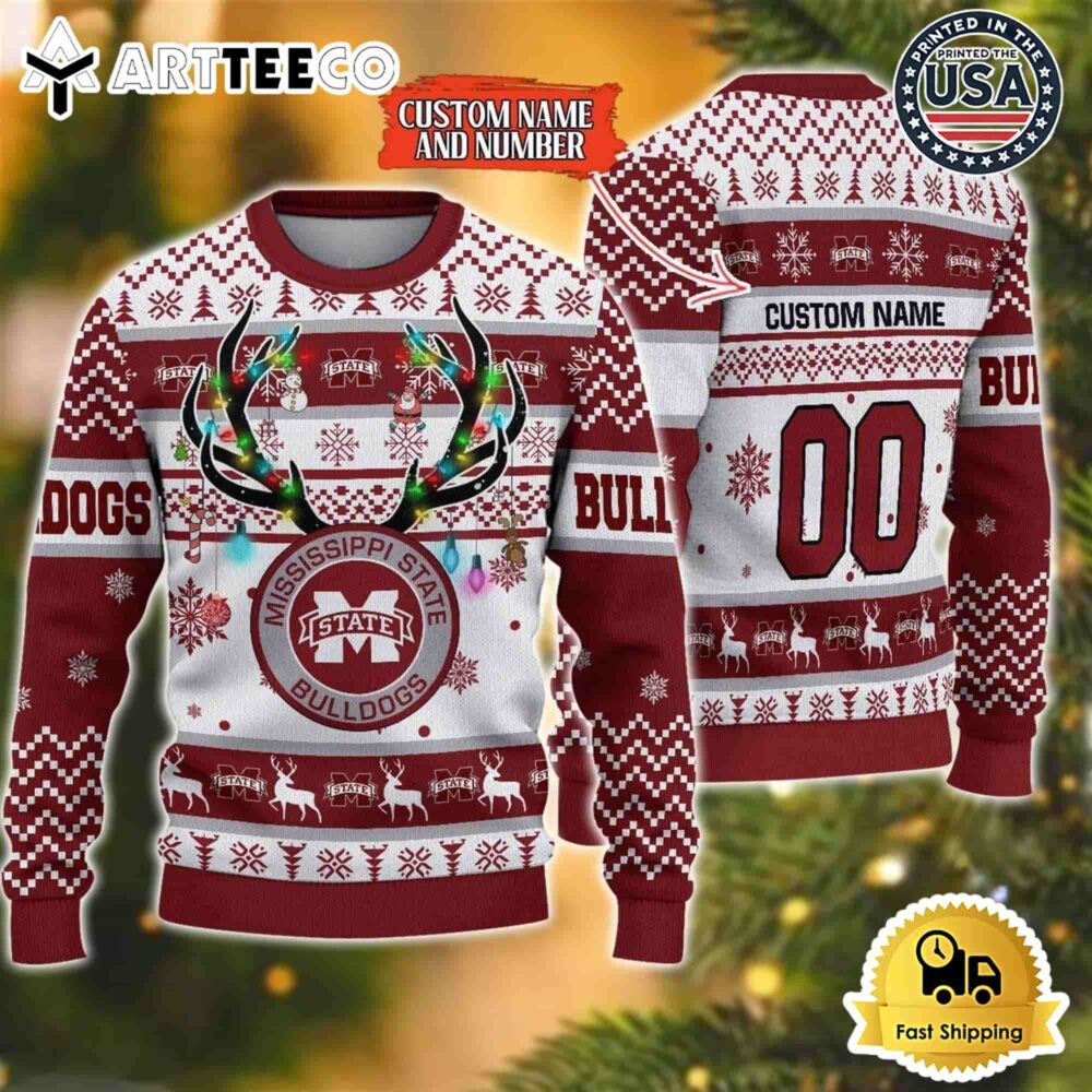 NCAA Mississippi State Bulldogs Special Reindeer Light Custom Name And Number Ugly Christmas Sweater