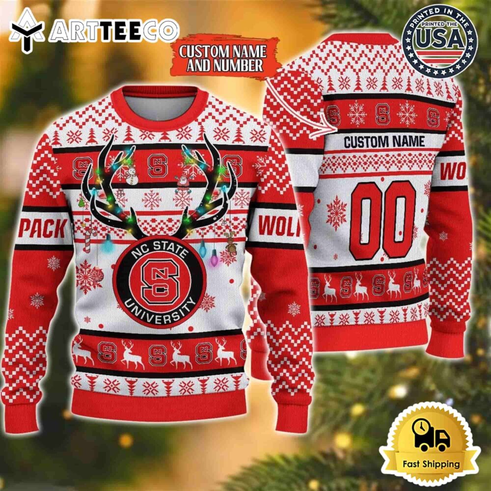 NCAA NC State Wolfpack Special Reindeer Light Custom Name And Number Ugly Christmas Sweater