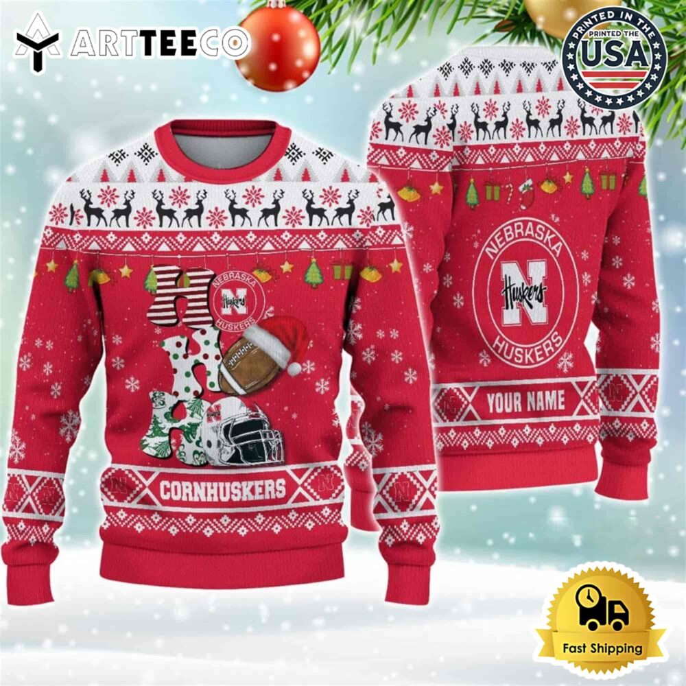 NCAA Nebraska Cornhuskers Football HO HO HO Custom Name Ugly Christmas Sweater