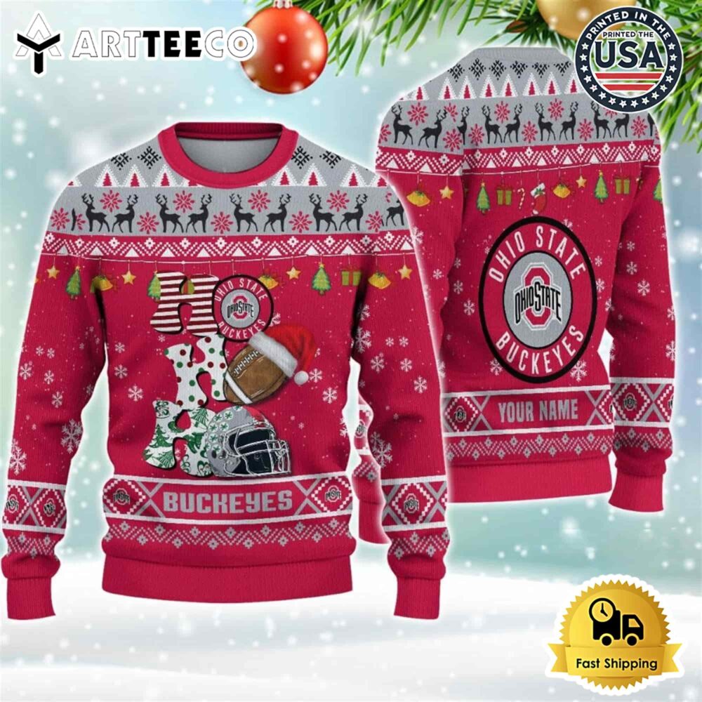 NCAA Ohio State Buckeyes Football HO HO HO Custom Name Ugly Christmas Sweater