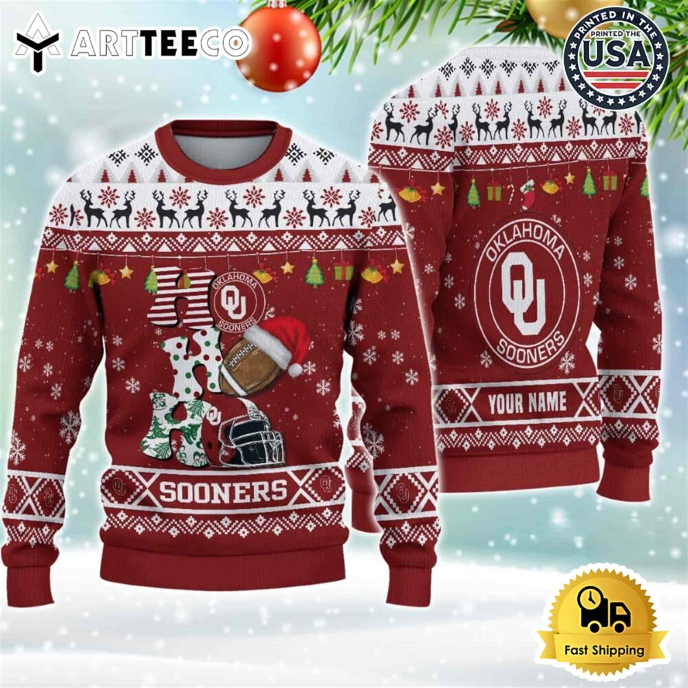 NCAA Oklahoma Sooners Football HO HO HO Custom Name Ugly Christmas Sweater