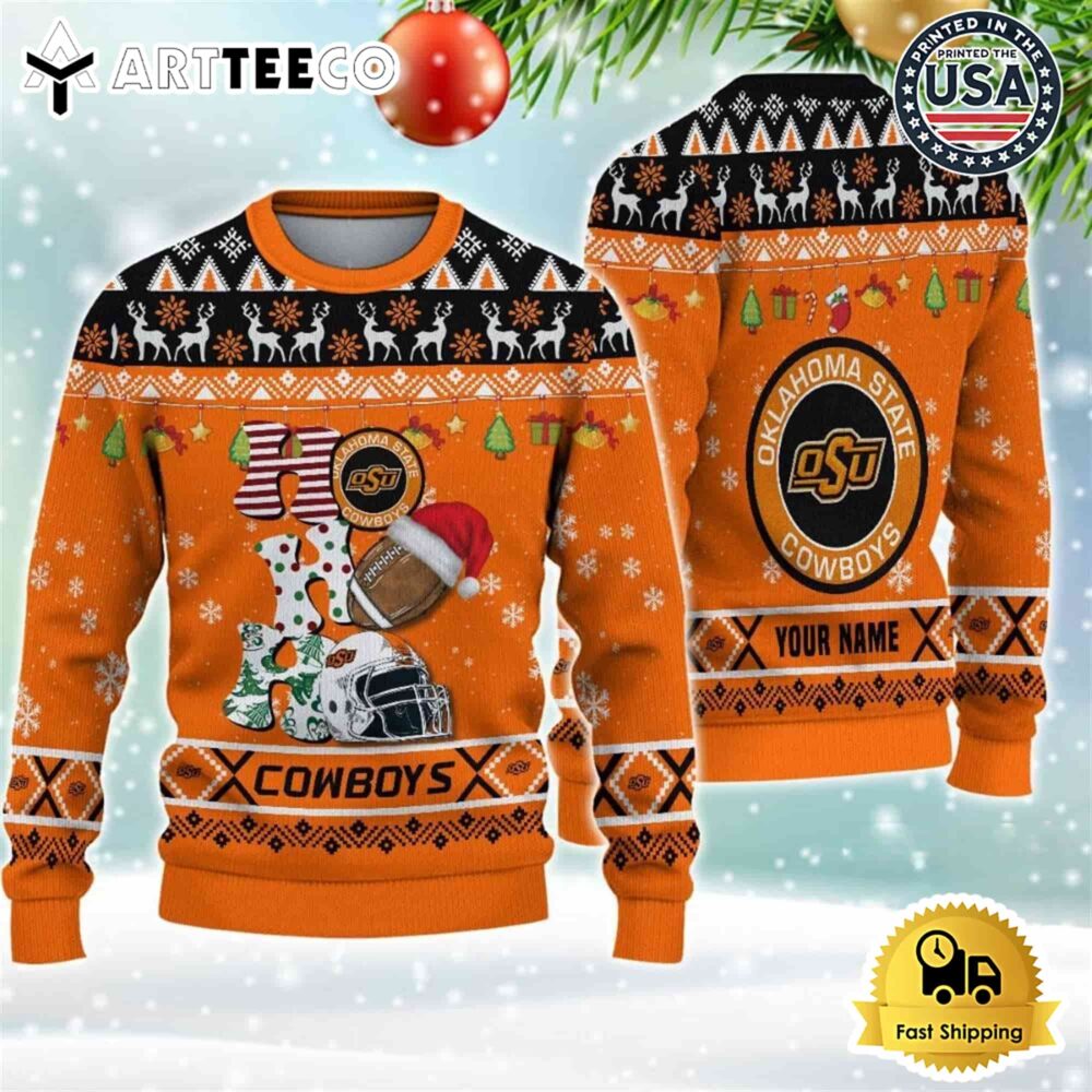 NCAA Oklahoma State Cowboys Football HO HO HO Custom Name Ugly Christmas Sweater