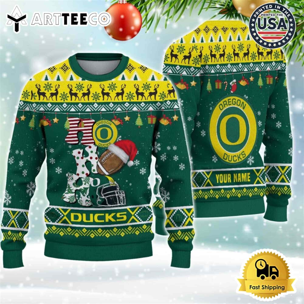 NCAA Oregon Ducks Football HO HO HO Custom Name Ugly Christmas Sweater