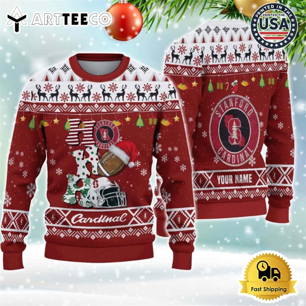 NCAA Stanford Cardinal Football HO HO HO Custom Name Ugly Christmas Sweater