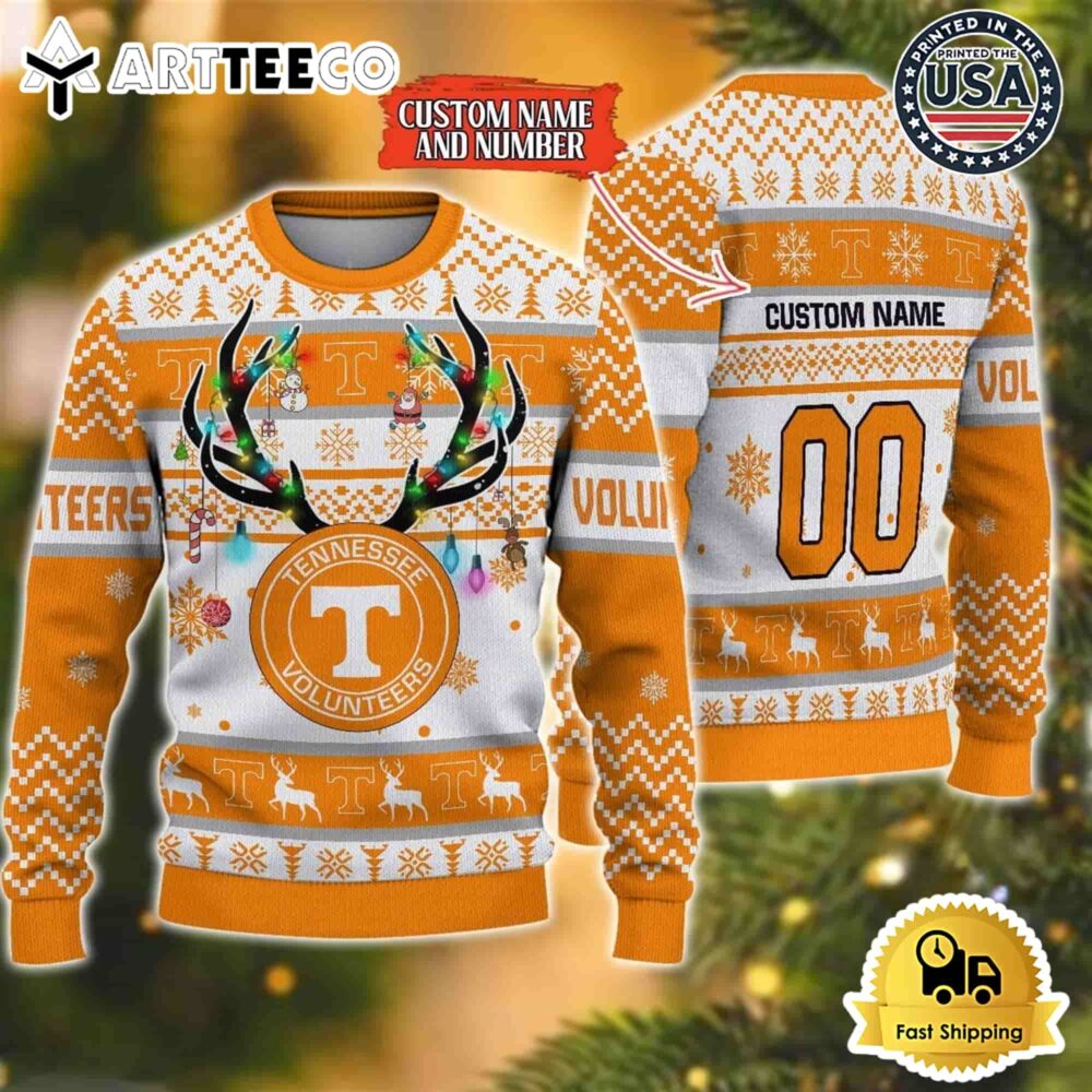 NCAA Tennessee Volunteers Special Reindeer Light Custom Name And Number Ugly Christmas Sweater